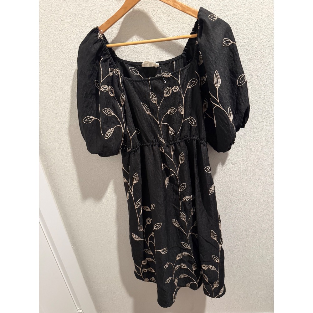 Lost Found Black Embroidered Leaf Puff Sleeve Mini Dress Square Neck
